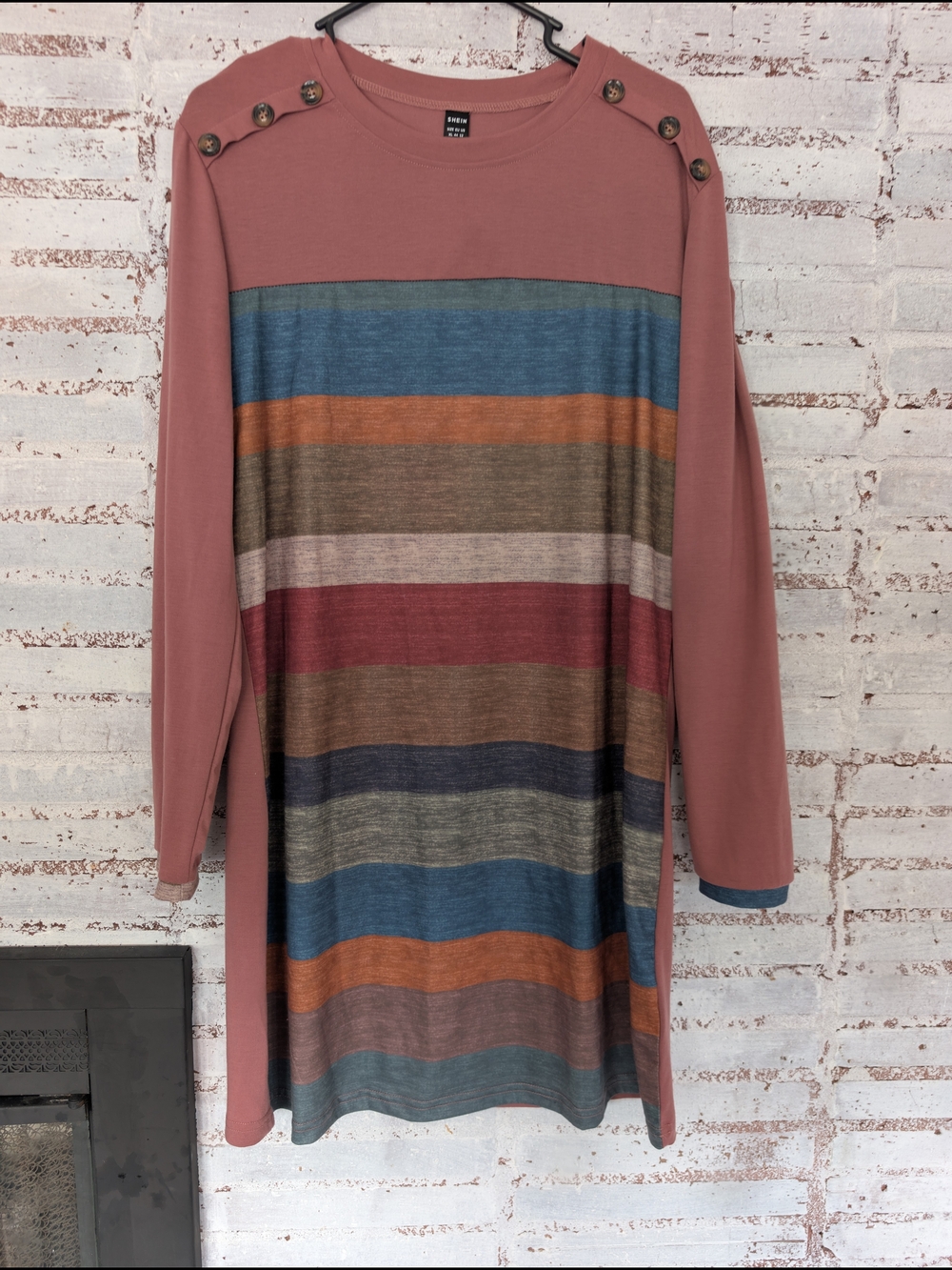 SHEIN Dusty Rose Multi-Stripe Long-Sleeve Button-Shoulder Dress